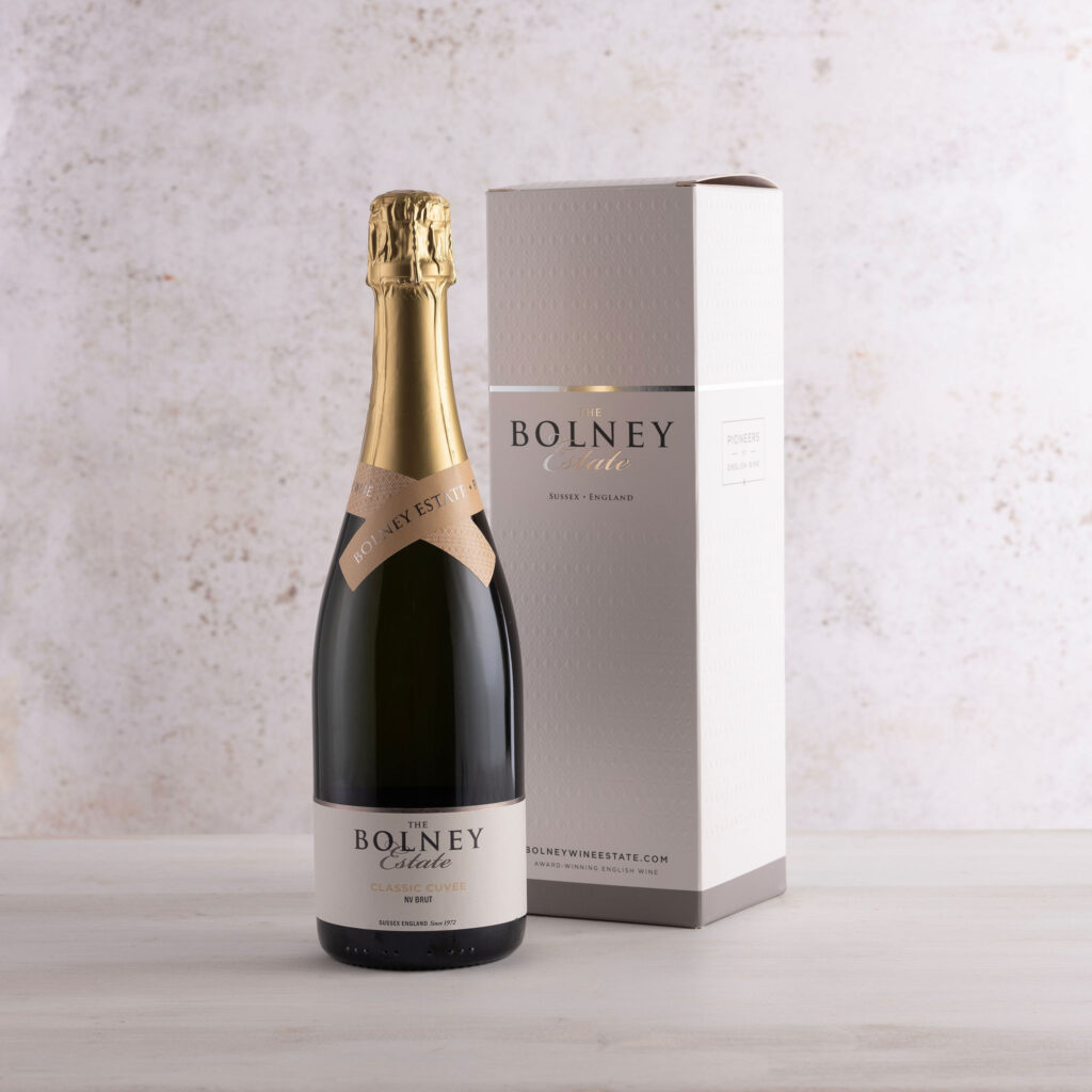 A bottle of sparkling English white wine