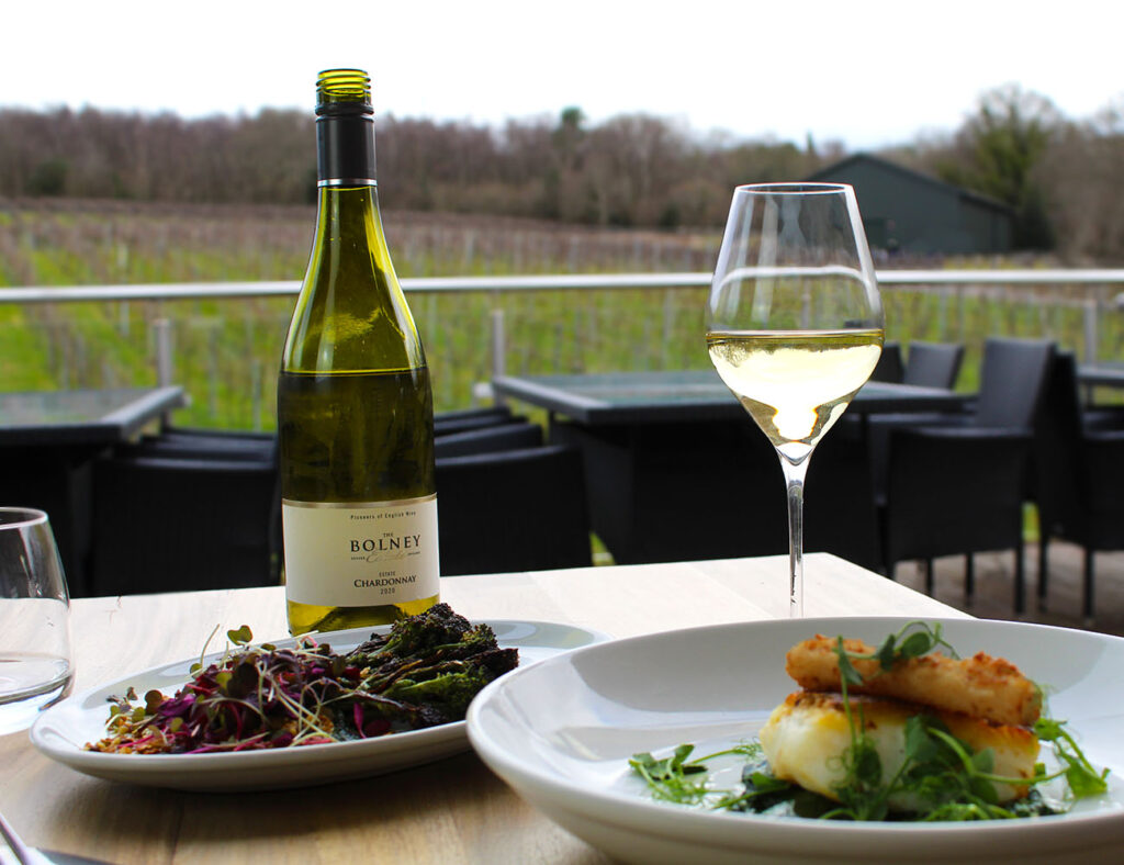 Dinner and wine with a view of the winter vines at Bolney Estate