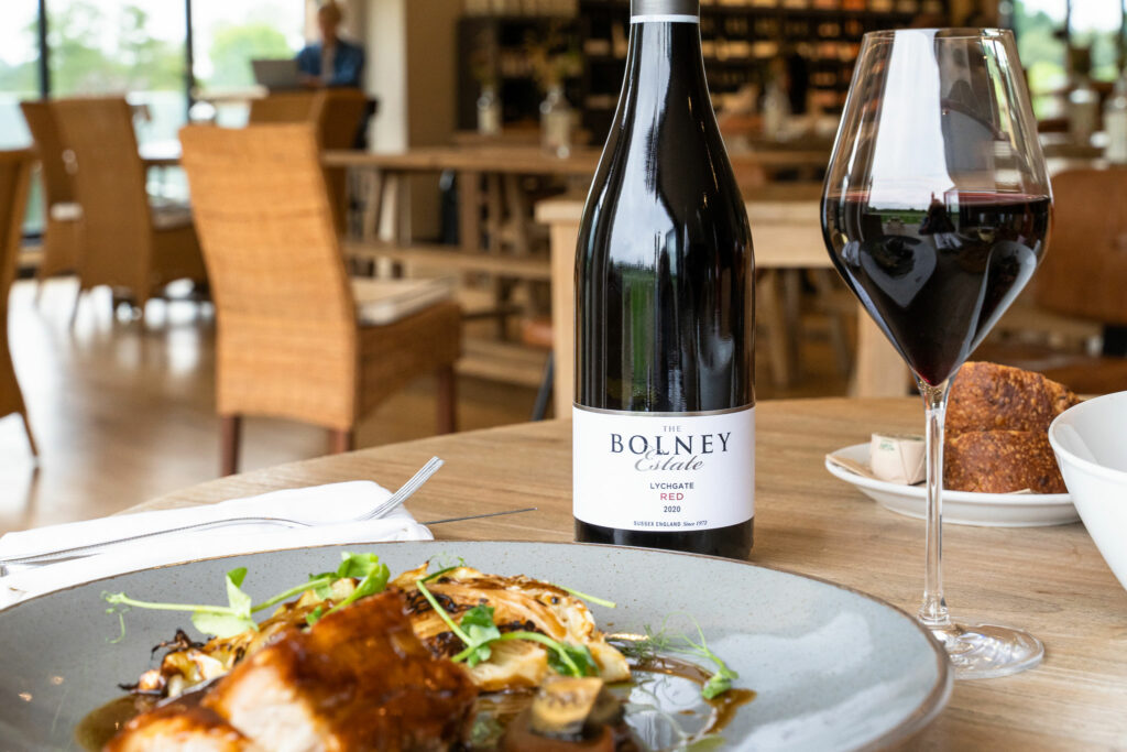 Bottle of Bolney red wine with dinner at the Eighteen Acre Restaurant
