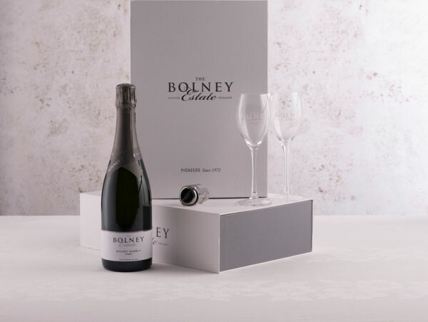 bubbly gift box with glasses and stopper