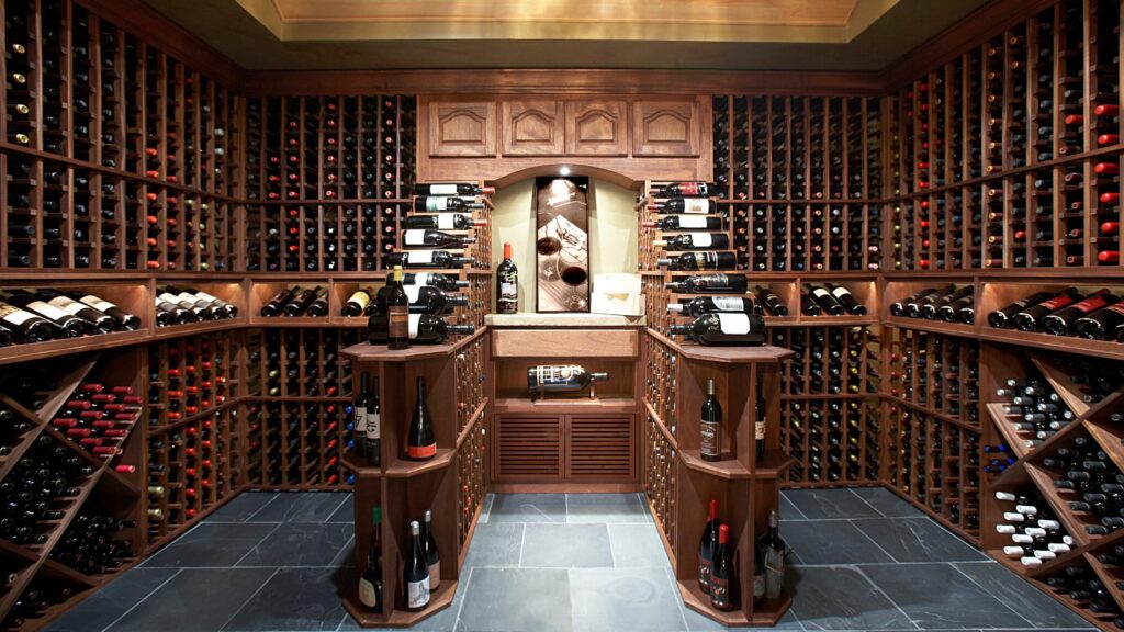 Wine cellar with rows of wine