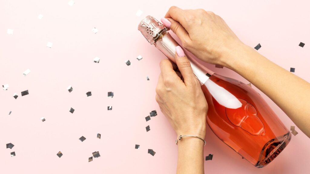 Close up of someone opening a bottle of rose sparkling wine