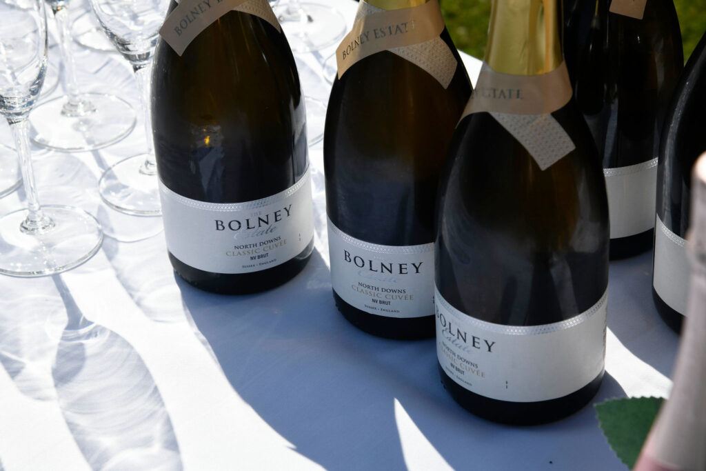 Bolney English sparkling wine on a white table cloth