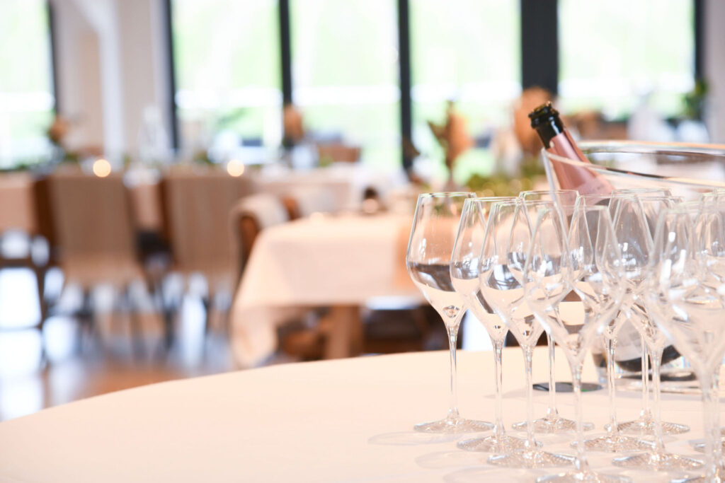 Wine glasses on the table at Bolney's Eighteen Acre Restaurant