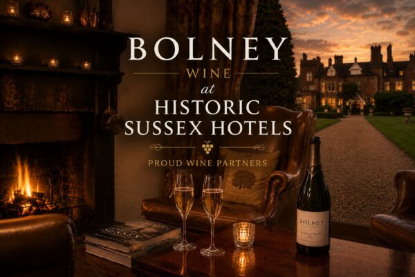 Bolney Bubbly by the fire at Historic Sussex Hotels as a wine partner