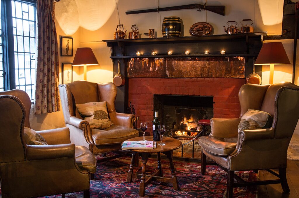 Lounge with open fire at the Spread Eagle Hotel in Sussex