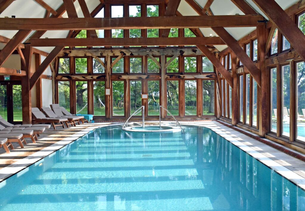 Large indoor pool and spa at Bailiffscourt Hotel in Sussex