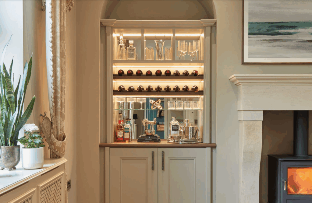 Alcove wine bar with wine shelves