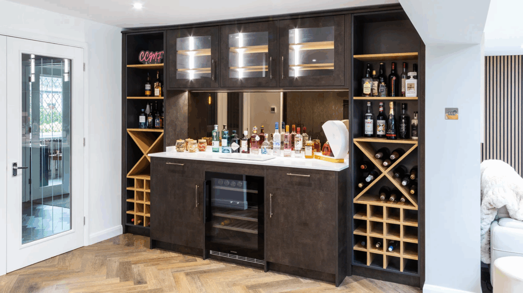 A bespoke fitted home bar with wine racks