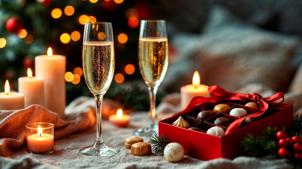 Festive sparkling wine with chocolates