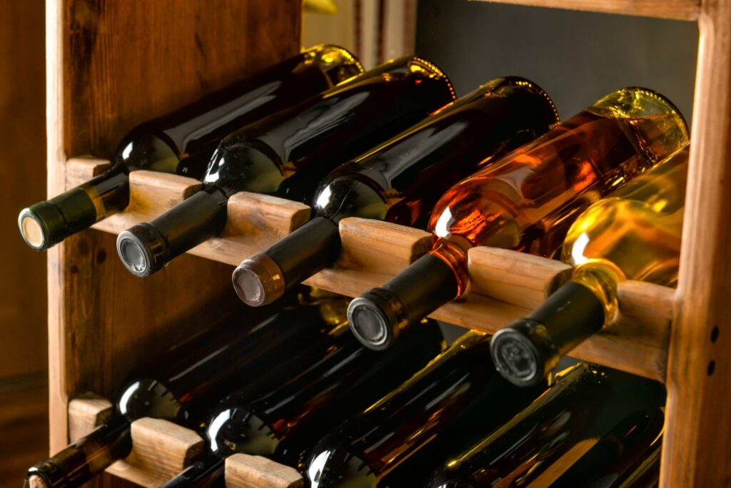 Wine bottles on a wine rack as part of a home wine bar