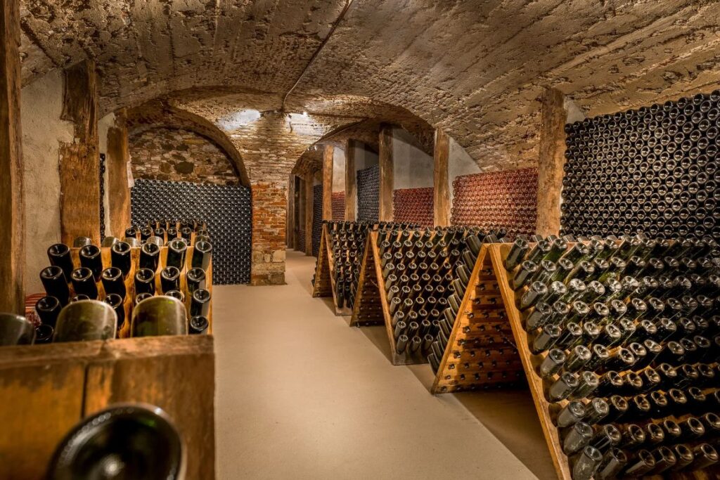 Sparkling wine ageing in a wine cellar