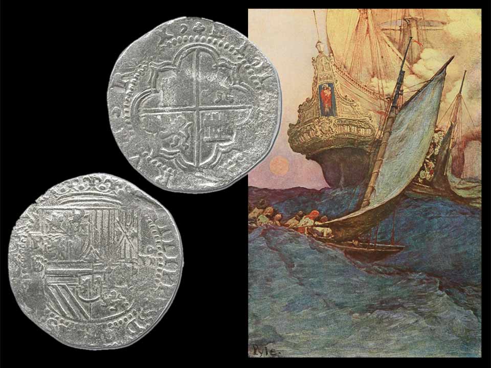 16th century Spanish coins and a colonial ship