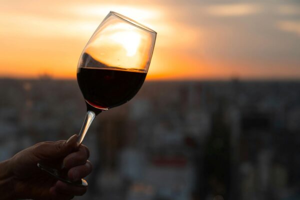 A glass of red wine in the sunset