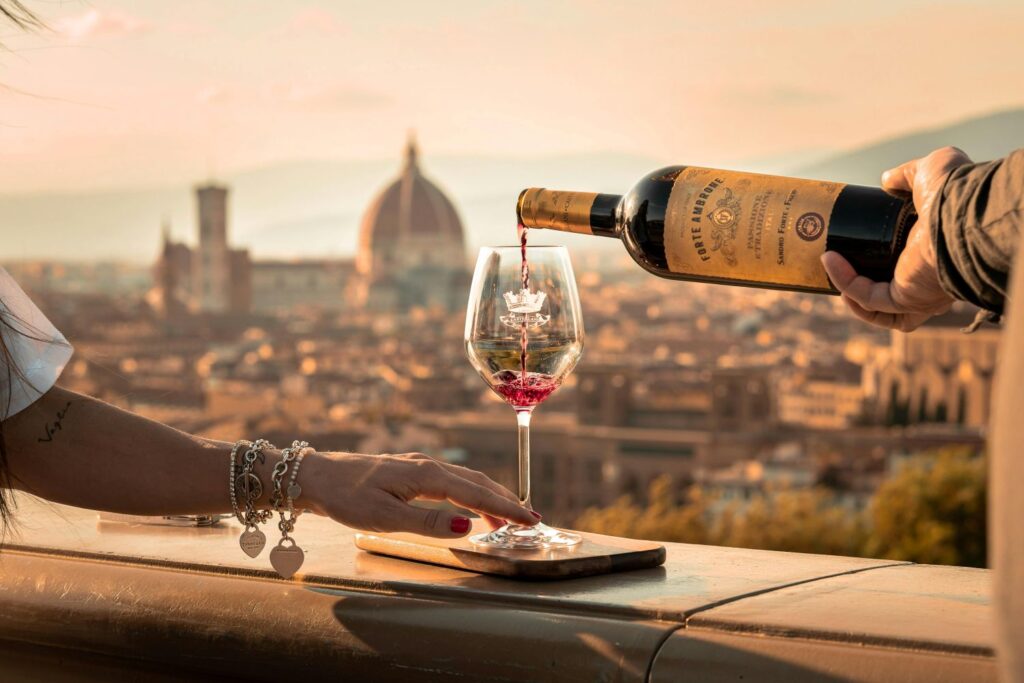 Italian red wine poured outside