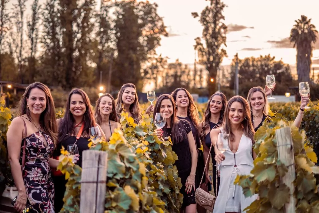Women enjoying a sunset gathering with wine glasses at a vineyard