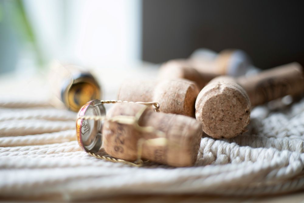 A used sparkling wine cork showing its mushroom shape, next to a wire cage