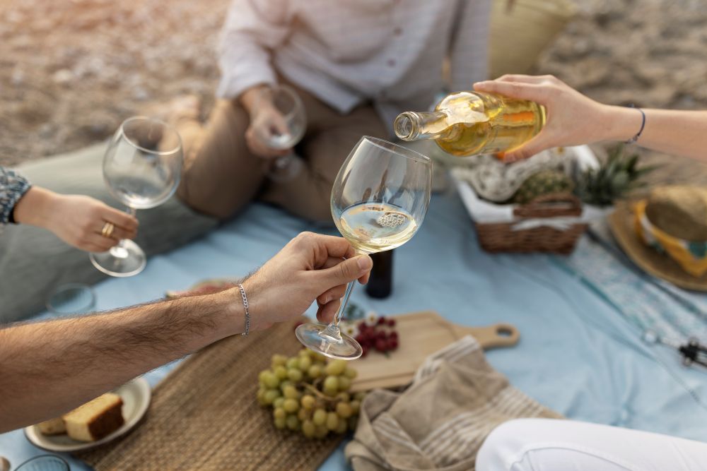 A group of friends toasting with glasses of white wine at a beach picnic