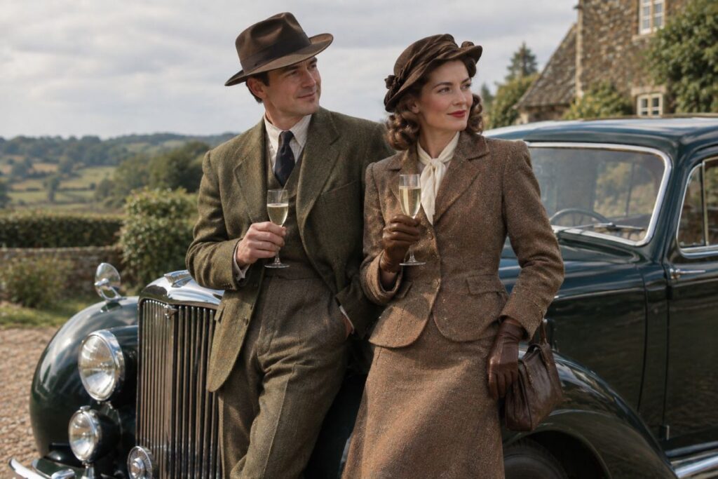 A man and woman in British 1940s vintage country outfits outdoors beside a vintage car