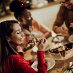 Office Christmas party dinner with sparkling wine
