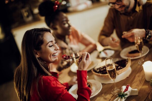 Office Christmas party dinner with sparkling wine
