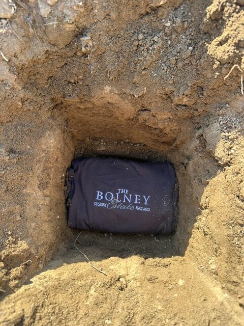 A folded Bolney T-shirt planted in the vineyard to test the soil